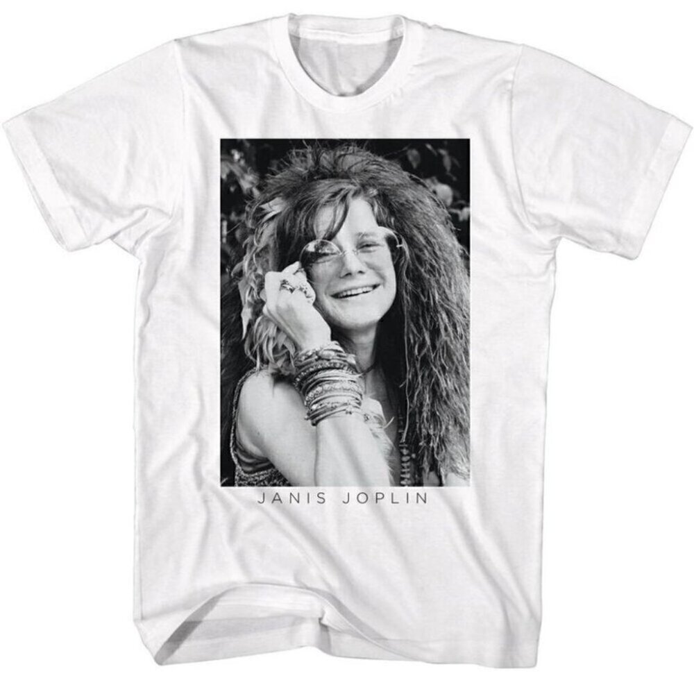 Janis Joplin BW Glasses White Rock Band Fan Concert Graphic T-Shirt .